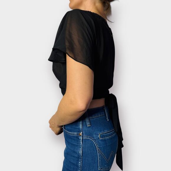 90s Black Sheer Beaded Wrap Crop Size M - Picture 5 of 6